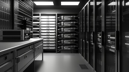 Server maintenance flat design front view hardware setup theme 3D render black and white