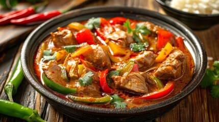 Fototapeta premium Thai red curry with duck served in a bowl, garnished with basil and bell peppers. Spicy national Thai dish. Concept of Asian cuisine, culinary, traditional recipes, exotic
