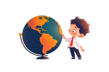 Child with earth globe, learn about planet, isolated illustration on transparent background. Boy of elementary school study planet earth. Geography science. Conservation and protection environment
