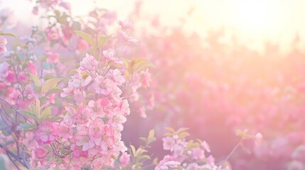 A field of pink flowers with a bright sun in the background