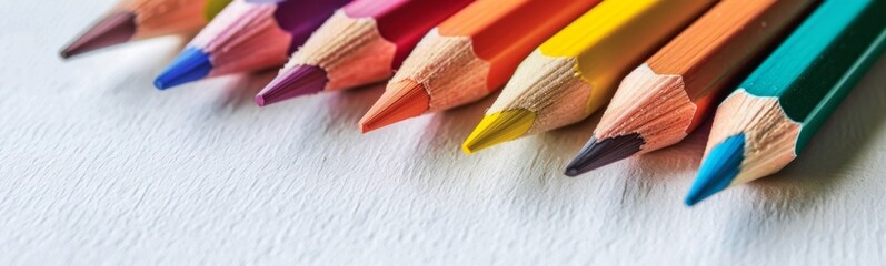 Several colored pencils lined up on a white surface. Banner - Powered by Adobe