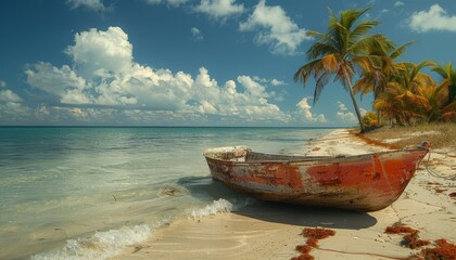 A tranquil scene of an abandoned boat resting on white sands under a vast blue sky, symbolizing...