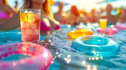 Clear glass of cocktail amidst a lively summer pool party with floating rings. Joyful and colorful summer leisure scene. Concept of festive gatherings, poolside relaxation, summer enjoyment.