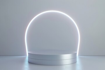 Abstract shine silver cylinder pedestal podium. Sci-fi white empty room concept with semi circle glowing neon lighting. Vector