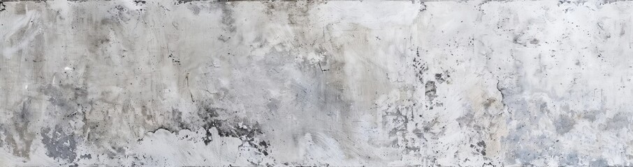 Wide panoramic image of a grunge concrete wall texture with varied patterns of weathering, stains, and peeling paint, perfect for background or graphic design elements in urban settings