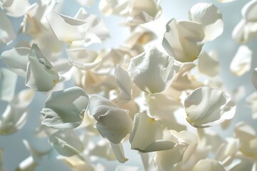 Beautiful white flower petals flying on grey background. Template for your design.