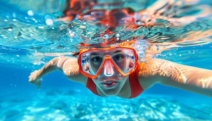 Fototapeta premium Submerged exploration youthful woman diving in clear azure waters for an underwater adventure