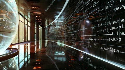 Illuminated equations in a futuristic architectural space