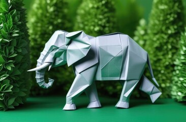 grey elephant made of paper on background of trees. elephant walks through forest. Origami.