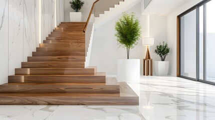 Elevate the aesthetic of your entrance hall with the clean lines of a wooden staircase set against the opulence of marble flooring