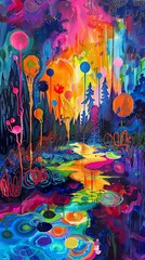 Create a vibrant painting of a surreal forest with a river running through it. The colors should be bold and saturated, and the painting should have a dreamlike quality.