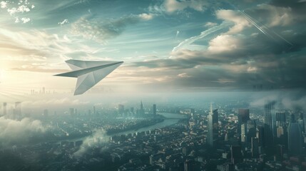 Fototapeta premium Surreal flight of paper airplanes over urban skyline