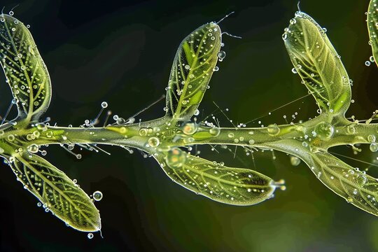 The image is of a plant stem with water droplets on it. The plant stem is green and the water droplets are clear. The background is dark.