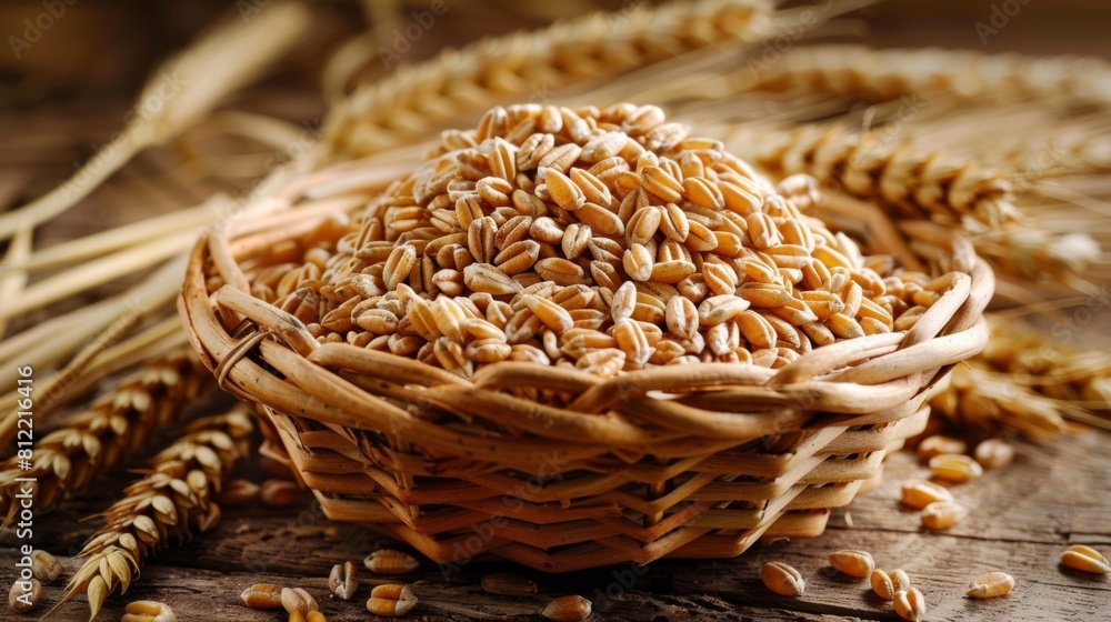 Poster a wooden table adorned with a plentiful basket overflowing with ripe wheat, showcasing natures bount