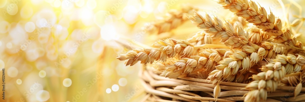 Poster a rustic basket overflows with golden stalks of ripe wheat, showcasing the abundance of a bountiful 