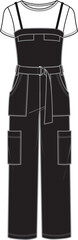 Women's 2-in-1 Jumpsuit. Technical fashion illustration. Front, black color. Women's CAD mock-up.