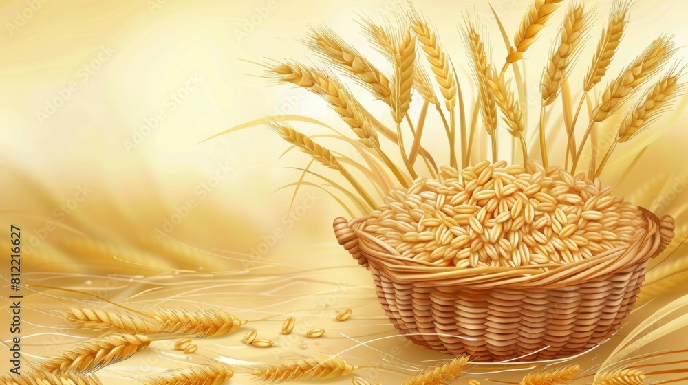 Poster A rustic basket overflowing with golden wheat sits atop a weathered table, symbolizing abundance and harvest in a serene setting. Generative AI