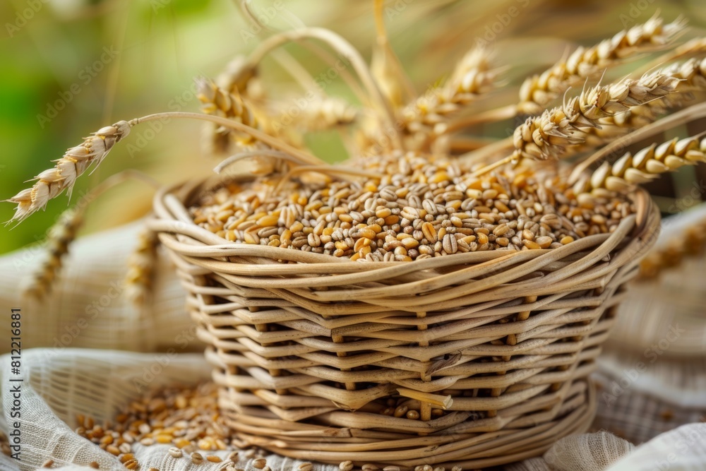 Poster a rustic basket overflows with golden wheat on a wooden table, showcasing the bounty of a successful