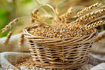 A rustic basket overflows with golden wheat on a wooden table, showcasing the bounty of a successful harvest. Generative AI