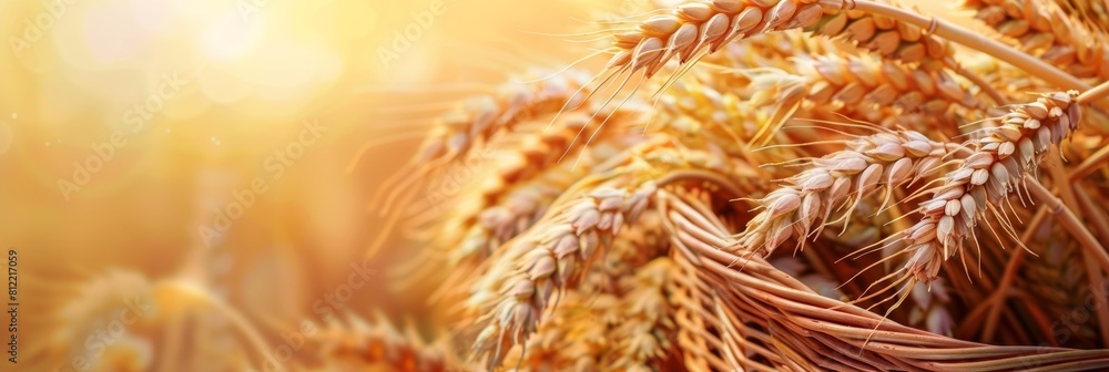 Poster a detailed view of a bountiful bunch of wheat, showcasing the golden hue and delicate grains. genera