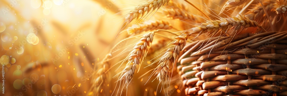 Poster a close up of a rustic basket overflowing with ripe wheat ears and golden grains, showcasing the abu