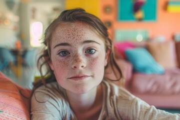 Calm, freckled face young girl with a natural backdrop indoors