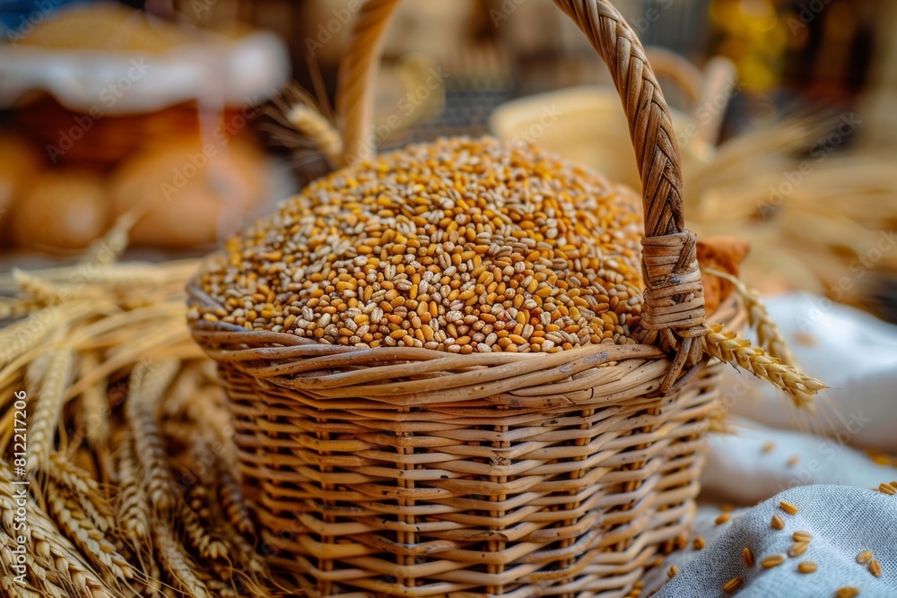 Poster A wicker basket overflows with freshly harvested wheat on a rustic table, symbolizing abundance and wholesome nutrition. Generative AI