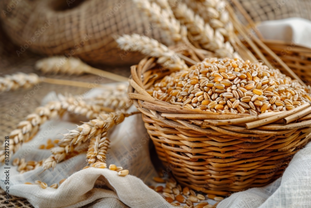 Poster a rustic basket filled with golden wheat sits elegantly on top of a wooden table. generative ai