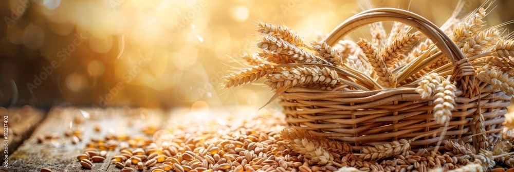 Poster a rustic basket overflowing with golden wheat sits atop a weathered wooden table. generative ai