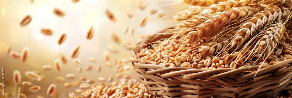Poster a detailed view of a rustic basket overflowing with freshly harvested wheat ears and golden grains, 