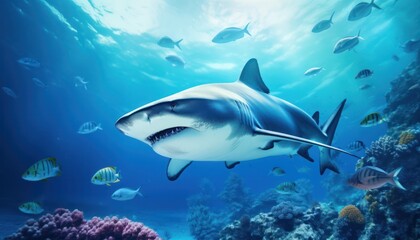 Naklejka premium The great White Shark in the ocean, portrait of White shark hunting prey in the underwater