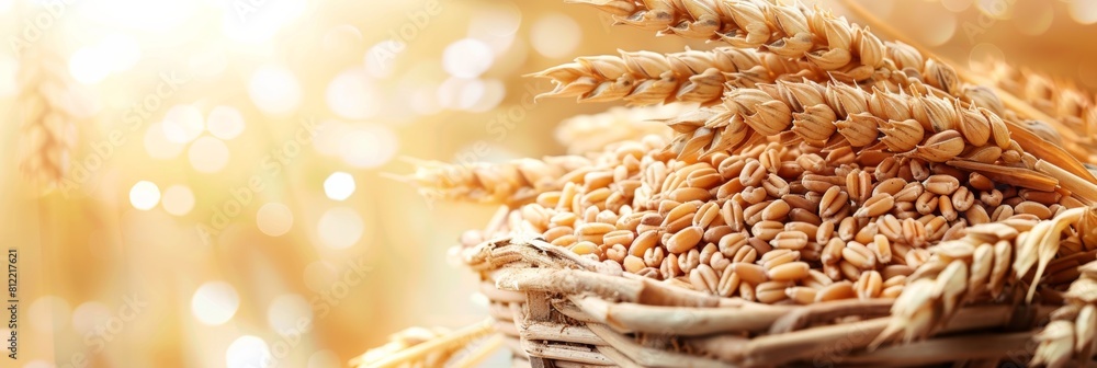 Poster Close up of a rustic basket overflowing with golden sheaves of wheat, symbolizing abundance and prosperity. Generative AI
