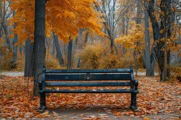 Crisp Bench park in autumn time. Tree landscape. Generate Ai