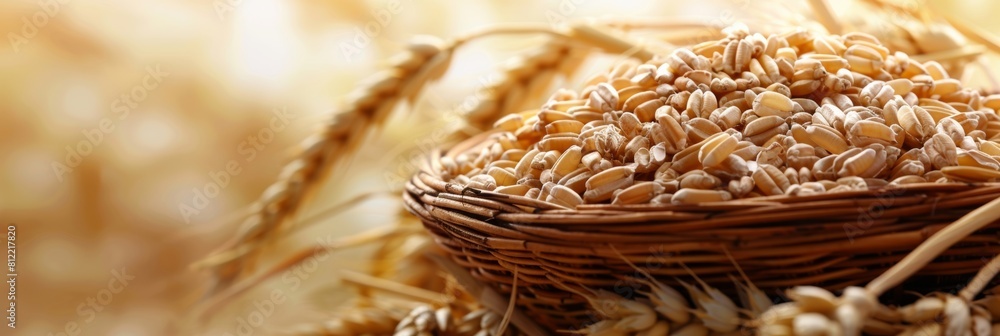 Poster a rustic basket overflowing with golden wheat sits gracefully on a wooden table, symbolizing abundan