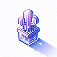 An isometric 3D icon of a cactus in a pot, crafted in transparent glass with purple and white, suitable for UI/UX design applications, displayed on a white background.
