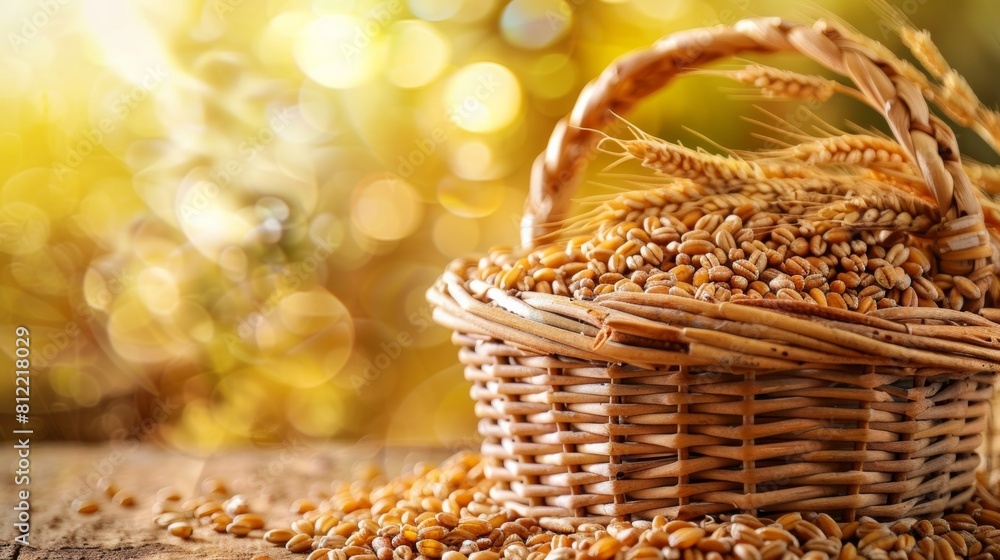 Poster a woven basket overflows with a variety of grains resting on a rustic wooden table, promising a boun