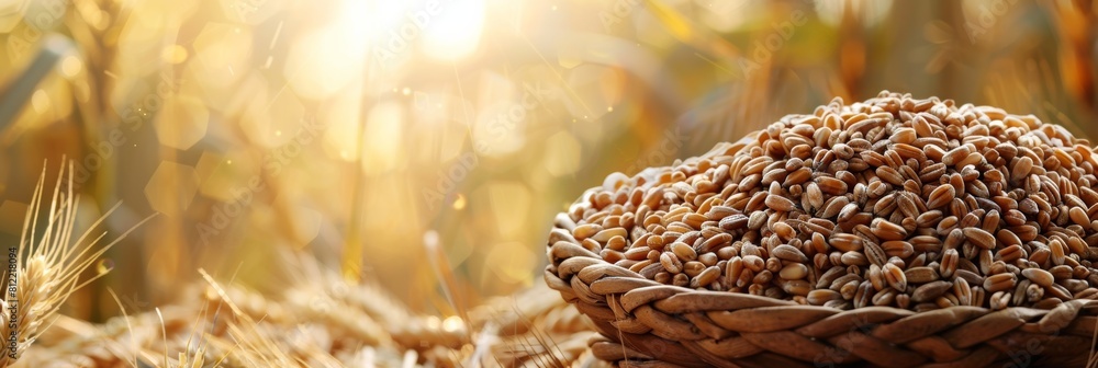 Poster A close-up view of a rustic basket filled with wheat sitting amongst a golden field of ripened wheat. Generative AI