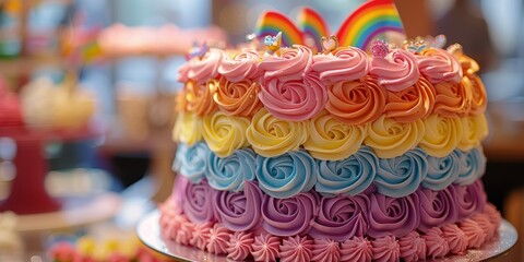 Vibrant Multicolored Cake With Rainbow Decoration. Generative AI