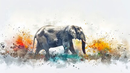 Watercolor illustration of elephant with a vibrant abstract background. Elephant art. Concept of colorful design, colorful nursery decor, cute animal.