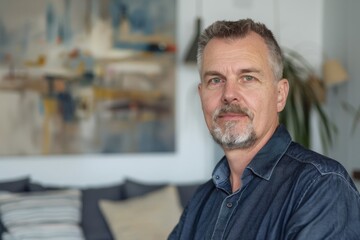 Confident middle-aged man poses with a serious expression in a room with abstract artwork