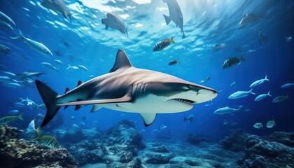 The great White Shark in the ocean, portrait of White shark hunting prey in the underwater