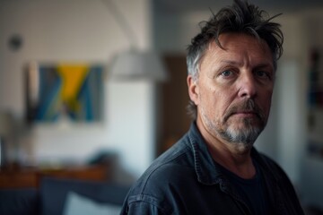 Serious middle-aged man with intense eyes in soft focus with abstract artwork in the background