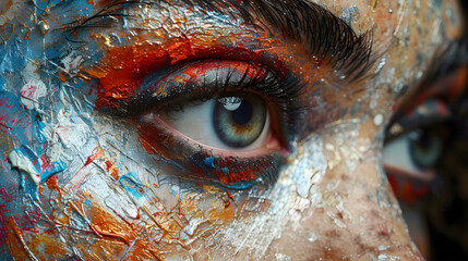 Close-up of a human eye with artistic multicolored face paint. Detailed macro shot. Expression and creativity concept. Design for poster, makeup advertisement, and art exhibition