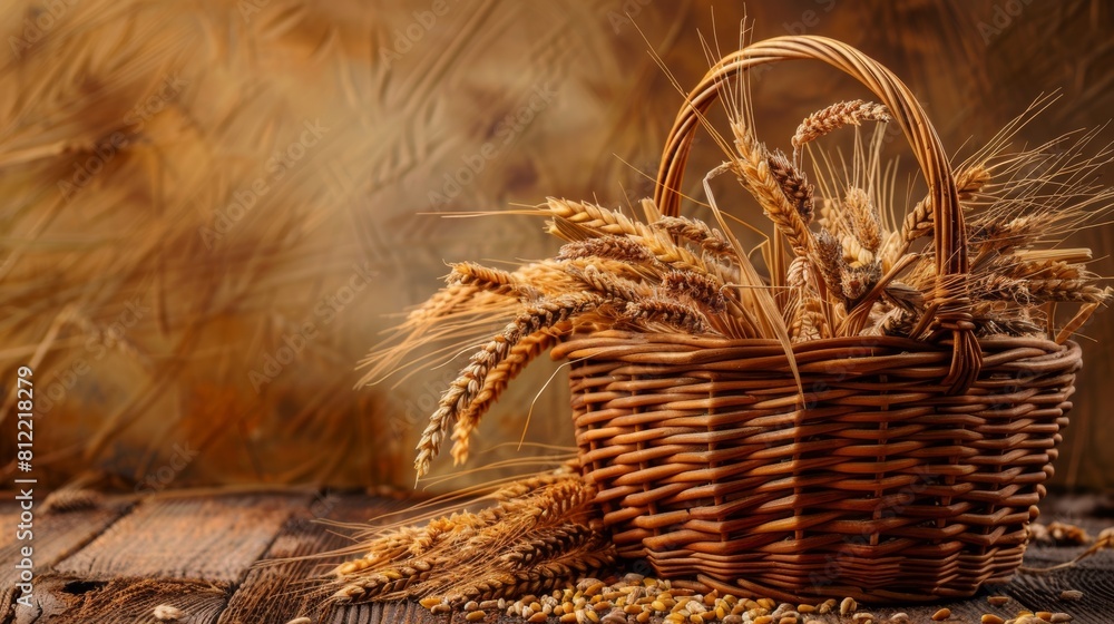 Poster a rustic basket overflows with golden wheat on a wooden table, showcasing the abundance of a fruitfu