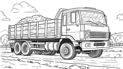 A simple outline drawing of a cartoon truck with big wheels, driven by a friendly character, hauling cargo along a country road, ideal for young children to color.