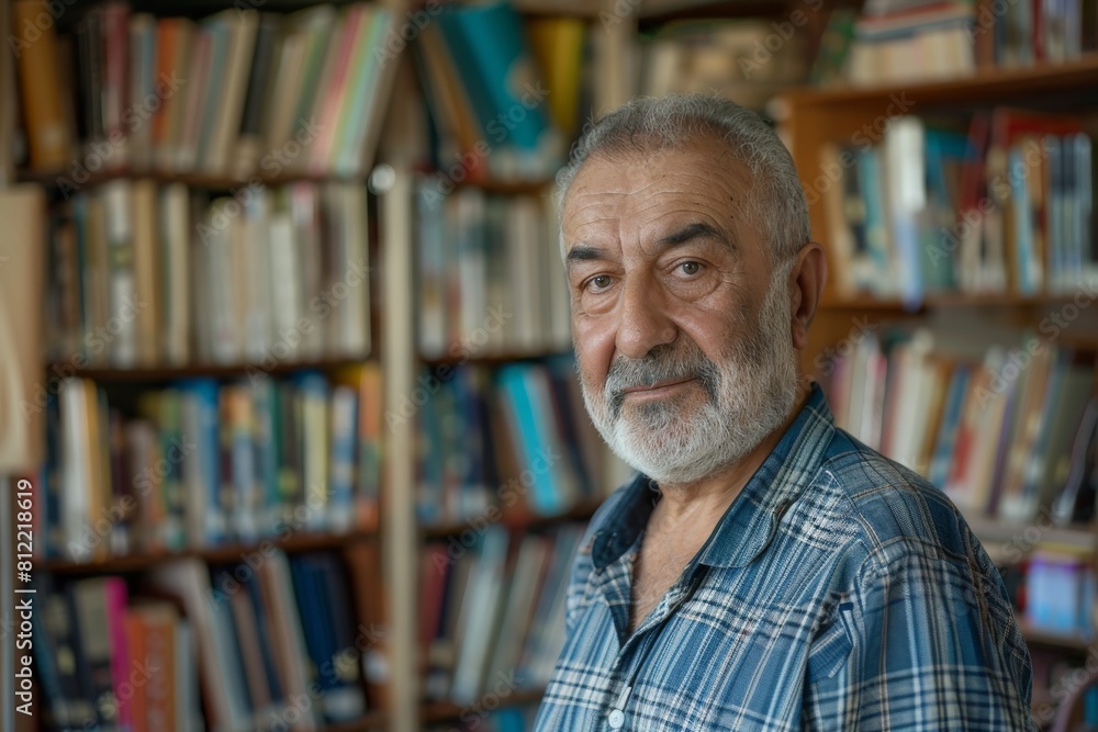 Poster Elderly gentleman with a thoughtful look, standing in a bookstore with large bookshelves full of books