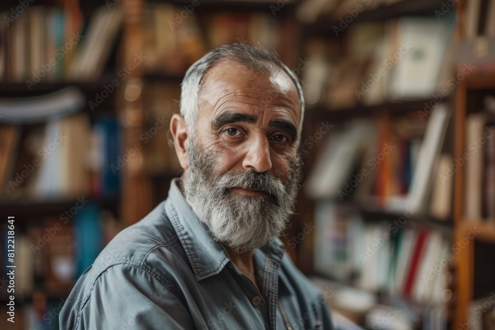 Poster Mature man with a full grey beard and a blue shirt in a library setting with rows of bookshelves