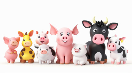 Farm animals with their baby. Cartoon pet animal family. Mothers and kids. Domestic parents and children. Mom pig with piglet, cute cow and calf. 3D avatars set vector icon, white background, black co