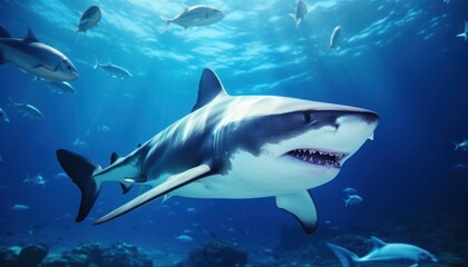 Fototapeta premium The great White Shark in the ocean, portrait of White shark hunting prey in the underwater