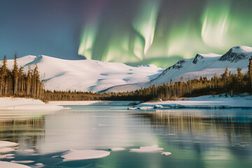 Northern lights shimmering over a remote wilderness area, creating a magical atmosphere, flim photo